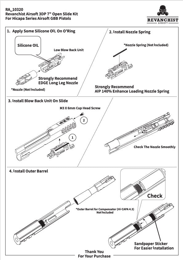 Revanchist Airsoft 3D Print 7" Open Slide Kit "Don't Rush" for Hi-Capa GBBP