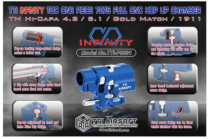 TTI Airsoft Tokyo Marui Hi Capa GBB Infinity One Piece Full CNC TDC Hop Up Chamber - Blue